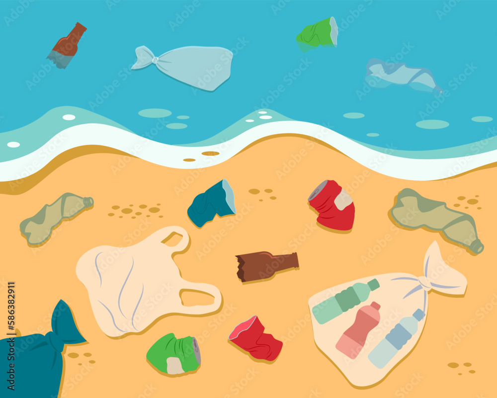 Dirty Sea Shore. Plastic Trash, Rubbish On The Beach. Ecology Problem Flat Style Vector Illustration