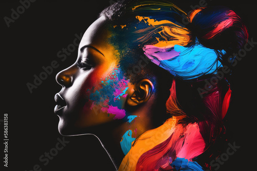 dark skinned woman in side profile with long hair, colorful colors decorate her hair and cheek created with Generative AI technology