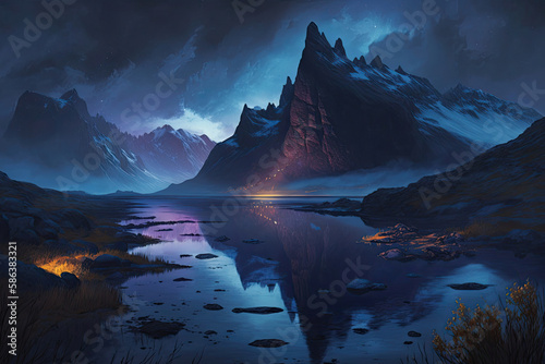 calm lake at night in front of a pointed mountain covered with snow, shining lights at the foot of the mountain created with Generative AI technology