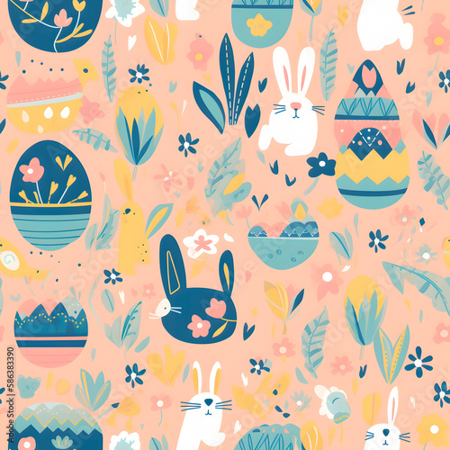 Easter pattern. Cute vector bunny floral seamless repeat design background. Simple seamless pattern for fabric, textile, gift wrap, and wallpaper. Generative AI