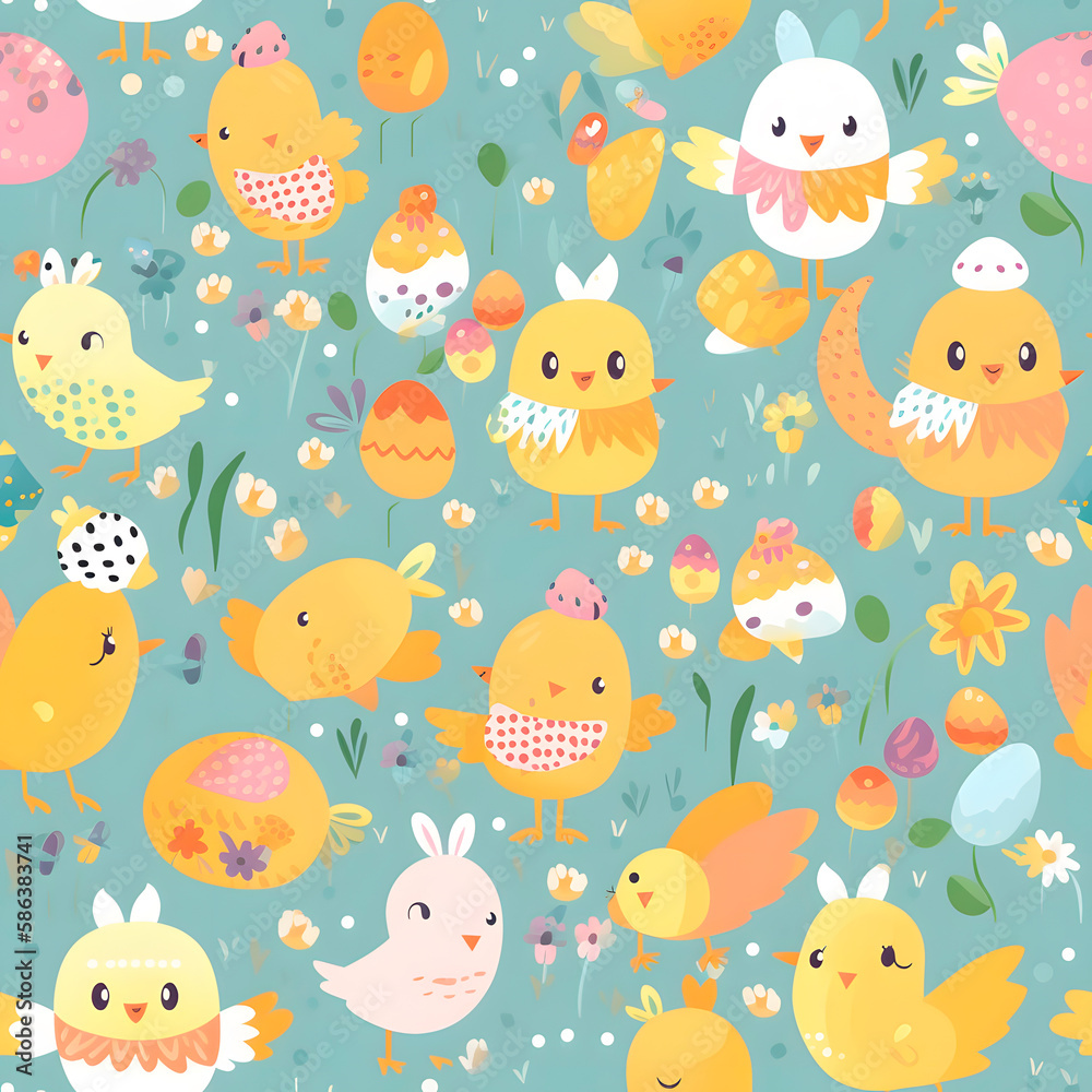 Easter pattern. Cute vector chick floral seamless repeat design background. Simple seamless pattern for fabric, textile, gift wrap, and wallpaper. Generative AI Easter pattern. Cute vector chick floral seamless repeat design background. Simple seamless pattern for fabric, textile, gift wrap, and wallpaper. Generative AI