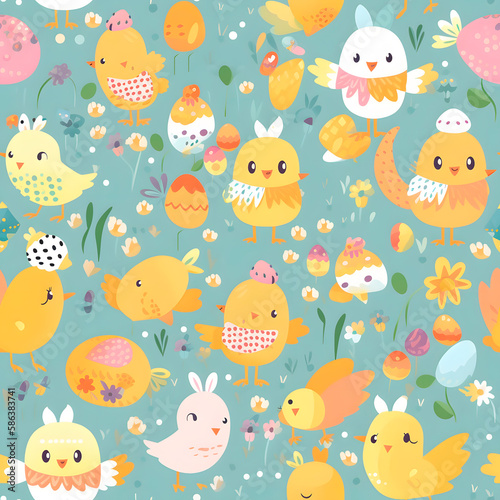 Easter pattern. Cute vector chick floral seamless repeat design background. Simple seamless pattern for fabric  textile  gift wrap  and wallpaper. Generative AI