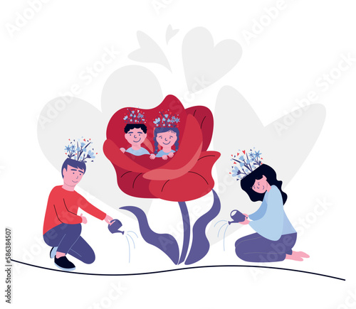 Family mental health support. Parents raise healthy children by setting a personal example of good relationships. Illustration of people with flowers on their heads. Flat vector landing page template.