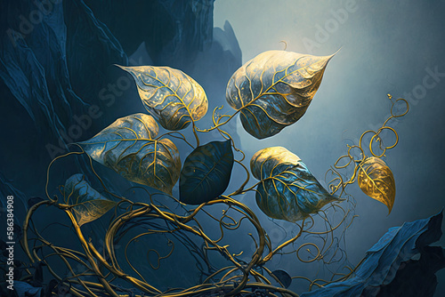 small rooted plant with golden glow growing on a rock created with Generative AI technology