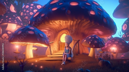 Cute Girl and Mushroom House in the Spring Garden