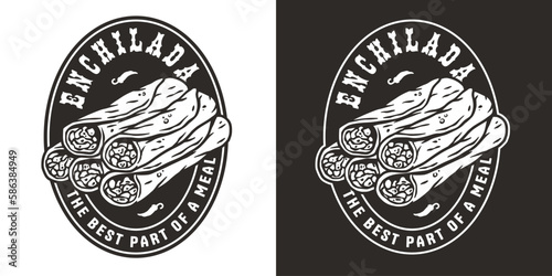 Enchilada vector with meat and rolled tortilla for logo or emblem. Mexico enchilada latin food. Traditional mexican food for poster or banner