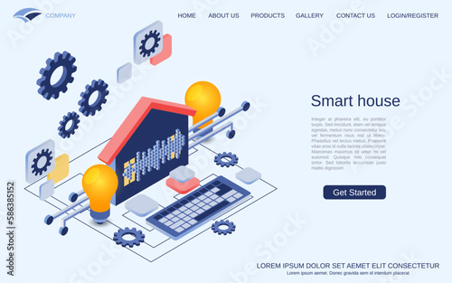 Smart house modern 3d isometric vector concept illustration. Landing page design template