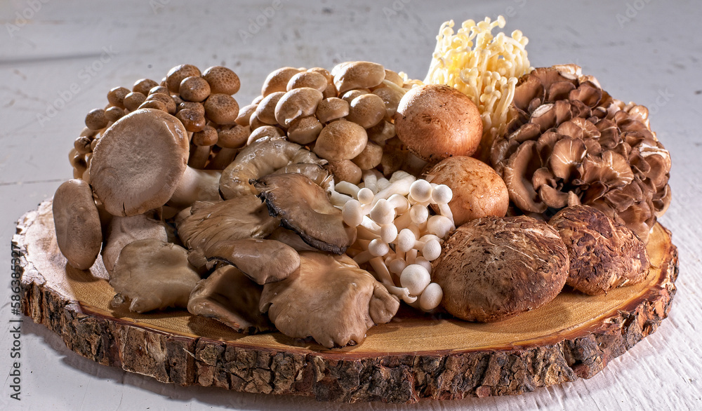 A wood board of wild and exotic mushrooms A wood board of wild and exotic mushrooms