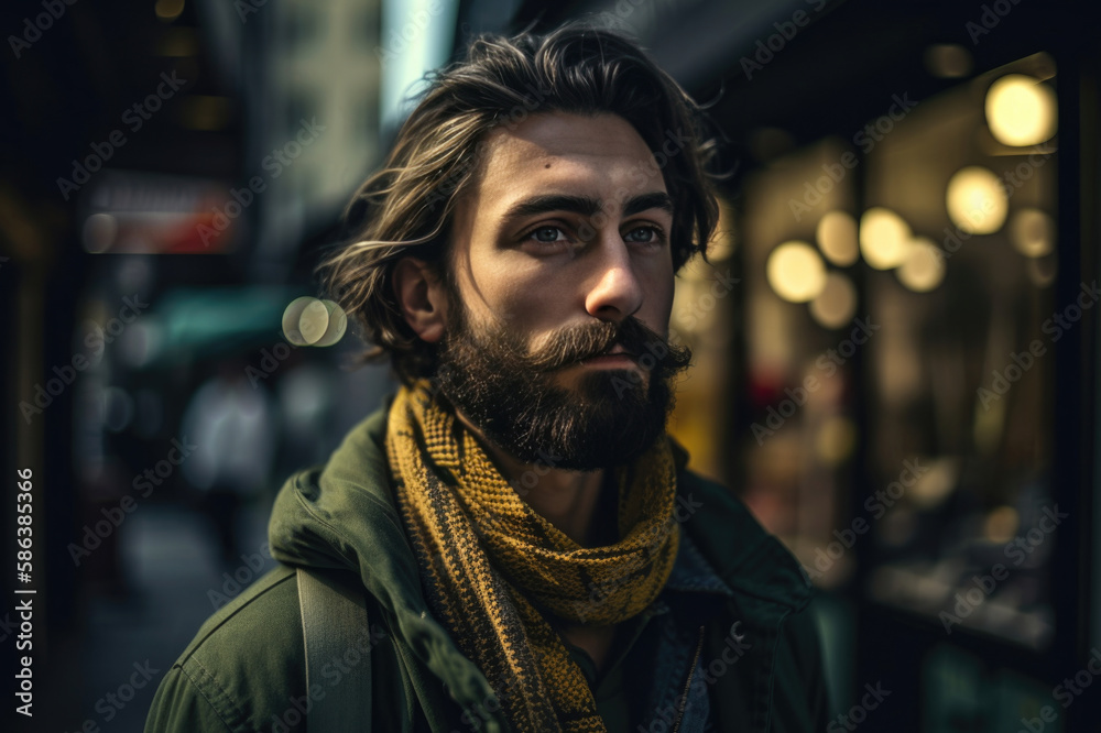 young man with full beard wears yellow scarf and green jacket created with Generative AI technology