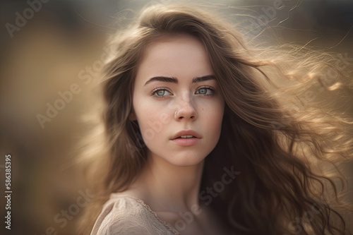 young woman with long hair looking to the side created with Generative AI technology