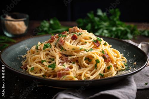 delicious spaghetti with ham cream sauce on a plate created with Generative AI technology