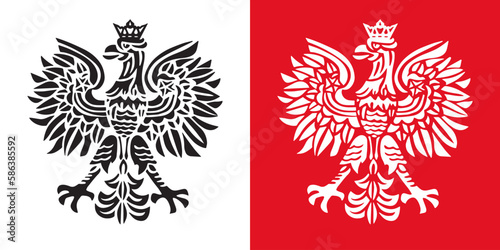 White Polish Eagle Symbol Emblem. Polish coat of arms in engraved style. Set of two.