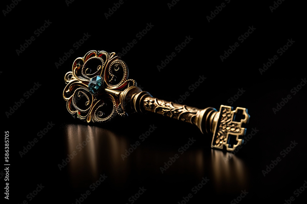 beautifully decorated golden key with a blue gemstone created with Generative AI technology - obrazy, fototapety, plakaty 