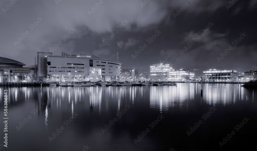 Black and White Night Time Photo on Belfast Waterfront, Northern Ireland