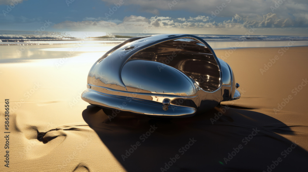 Retrofuturist vehicle, coastal scene- Generative AI