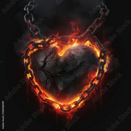 Illustration of a stone heart surounded by flaming chains in a black background, generative AI