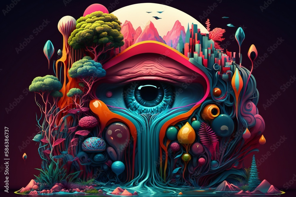 Illustration of a colorful psychedelic eye with mountains, trees and foliage around it, generative AI
