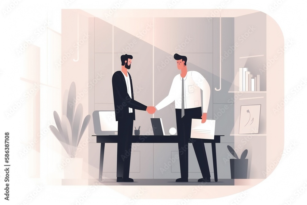 Illustration of two men shaking hands in the office, generative AI