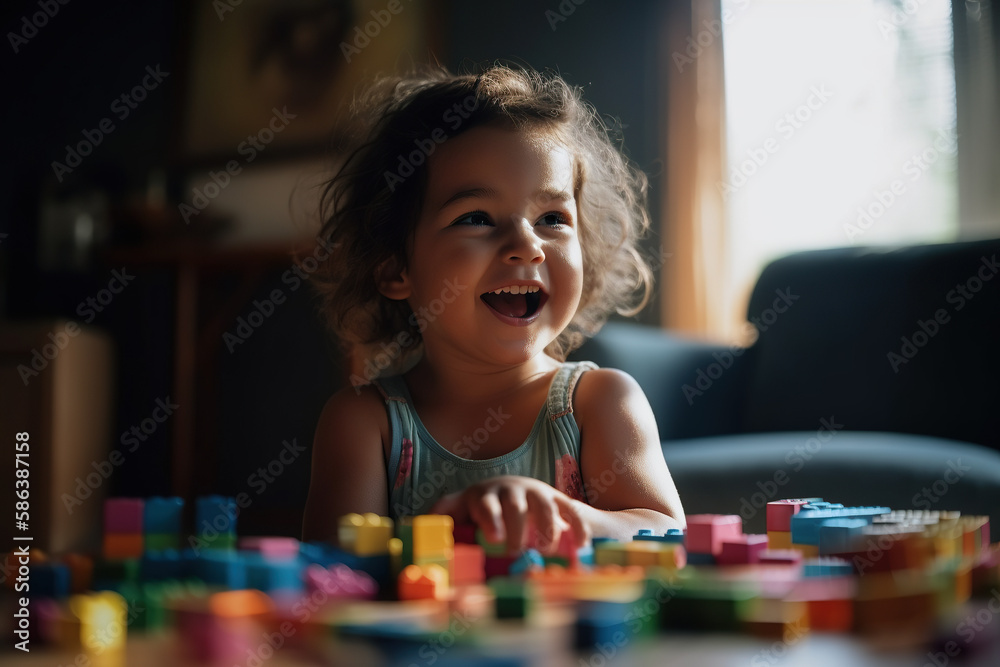 Little Builder. Adorable toddler giggling and playing with a colorful set of toy brick blocks. Creativity and imagination concept. AI Generative