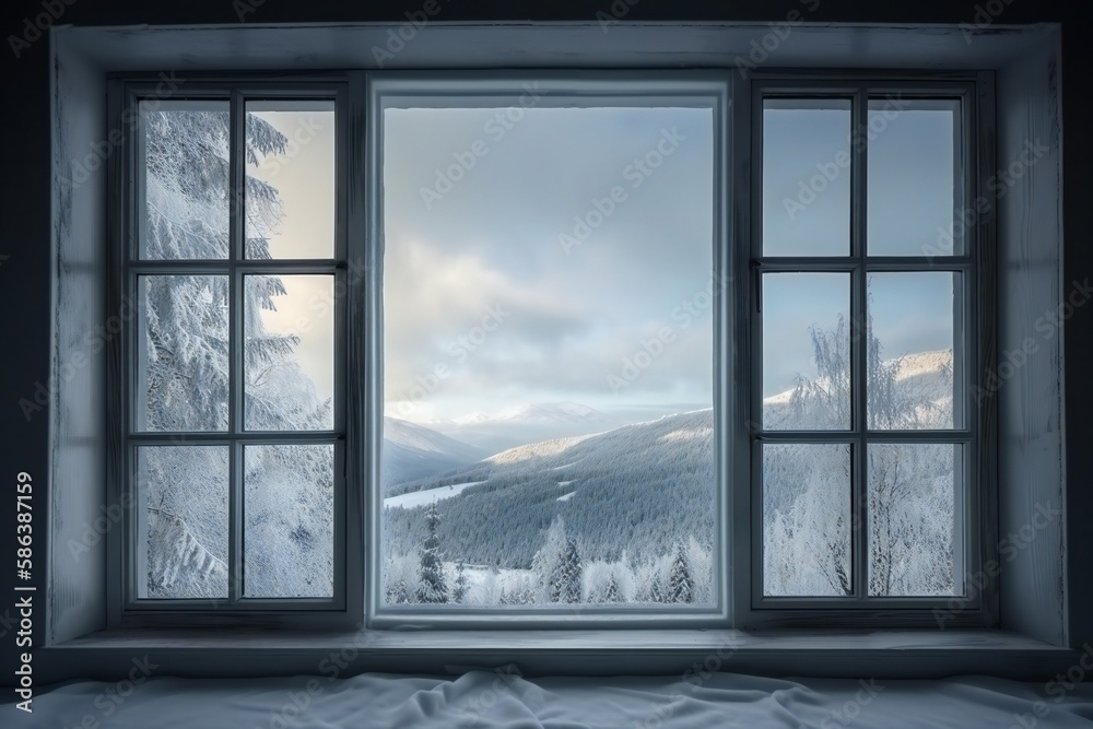Fototapeta premium White window frames with a view of snowy mountains and a forest on a hill, generative AI