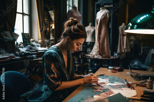 Fashion Artistry. Accomplished fashion designer sketching out new designs in her atelier. Creative concept. AI Generative