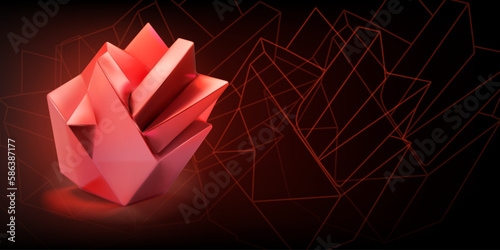 Fotografie Abstract background with a red low-poly 3d object in the form of a polyhedron an
