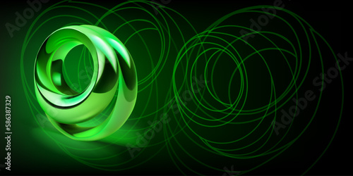 Abstract background with a figure made of two shiny metal rings of green color and a outlines of geometric shapes on a dark background