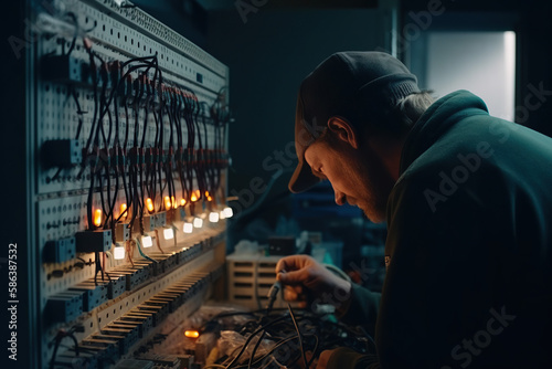 Expert Electrician. An experienced electrician skillfully installing complex wiring and fixtures, ensuring the safety and efficiency of electrical systems. Electrical installation and repair concept. 