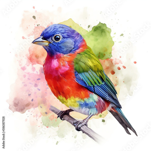 accurate watercolor portrait of a beautiful Painted bunting bird