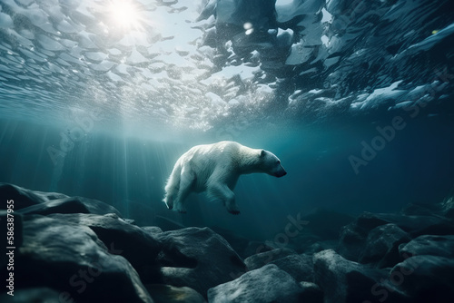 Surviving in the Arctic: The Hunt of the Polar Bear Diving into the Ocean, wildlife ecosystems - AI Generative