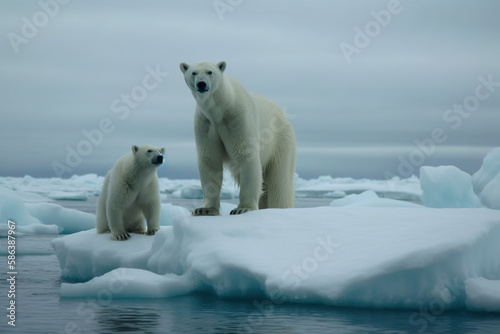 Survival Life in the Arctic: Nurturing Polar Bear Mothers and Cubs Stranded on Icebergs - AI Generative
