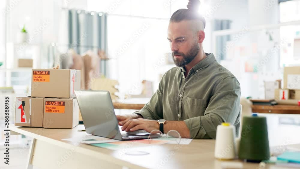 Business man, typing and laptop for box logistics, shipping or planning for ecommerce delivery time. Entrepreneur, dropshipping and businessman with computer for schedule, strategy and check watch