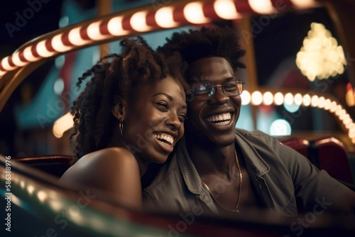A young man and woman on an amusement park ride at night by generative AI