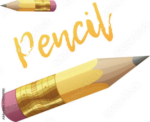 Short yellow pencil vector icon isolated on white background. School or office supply pencil with magenta eraser cartoon illustration