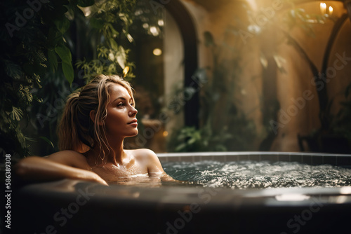 Sensual Hydrotherapy. A naked woman indulging in a relaxing hydrotherapy bath at a spa, surrounded by lush green plants and an indoor garden. Wellness and self-care concept. AI Generative
