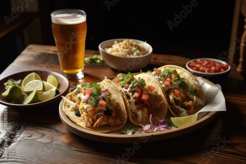 Play of Fish tacos with a beer for cinco de mayo promotion - made with generative ai