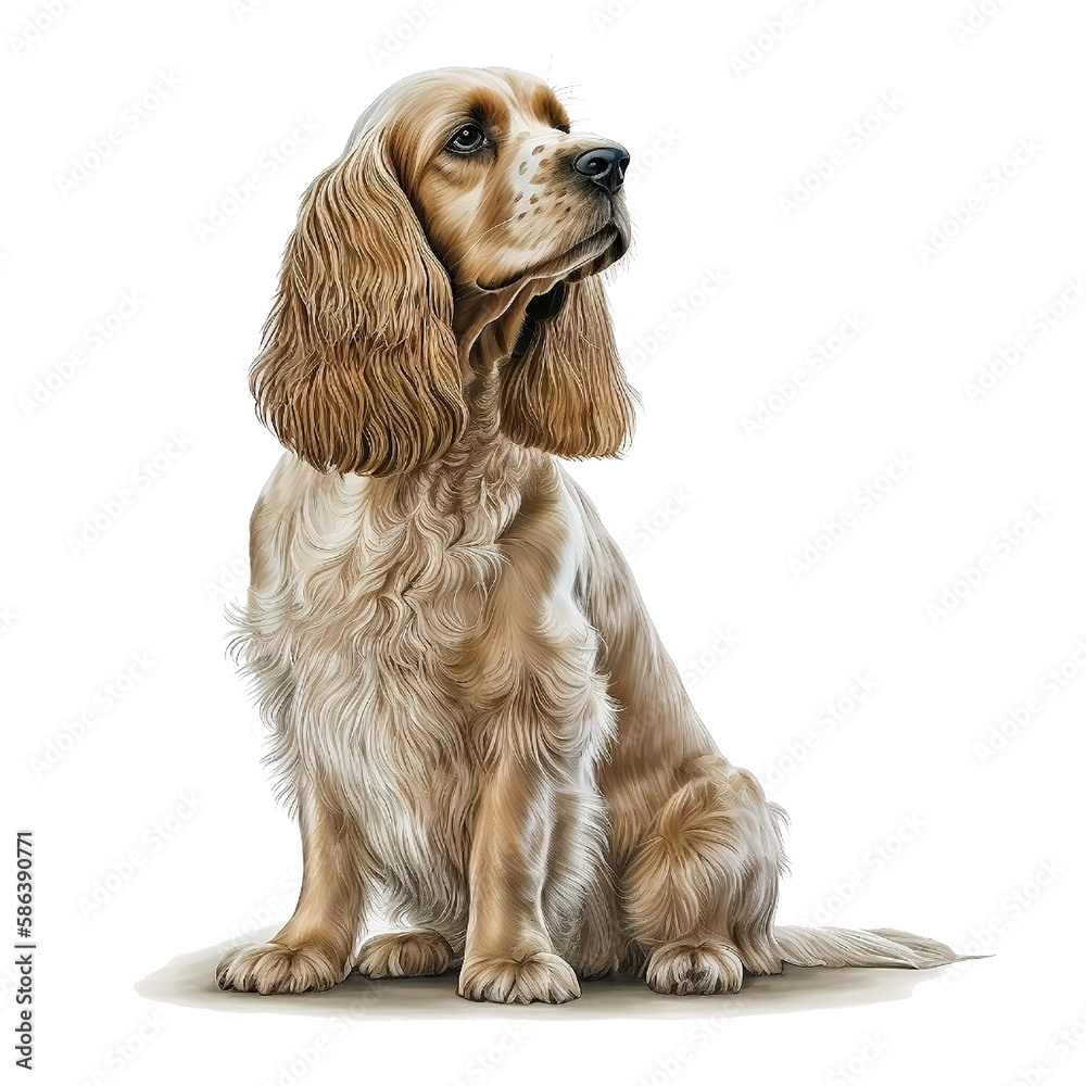 Illustration of a dog breed cocker spaniel on a white background, in full body in a realistic style