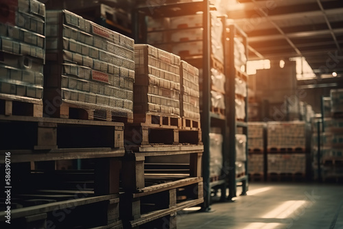 Warehouse Logistics. Forklift Operator Loading Pallets of Products in the Warehouse. Industrial Management AI Generative. 