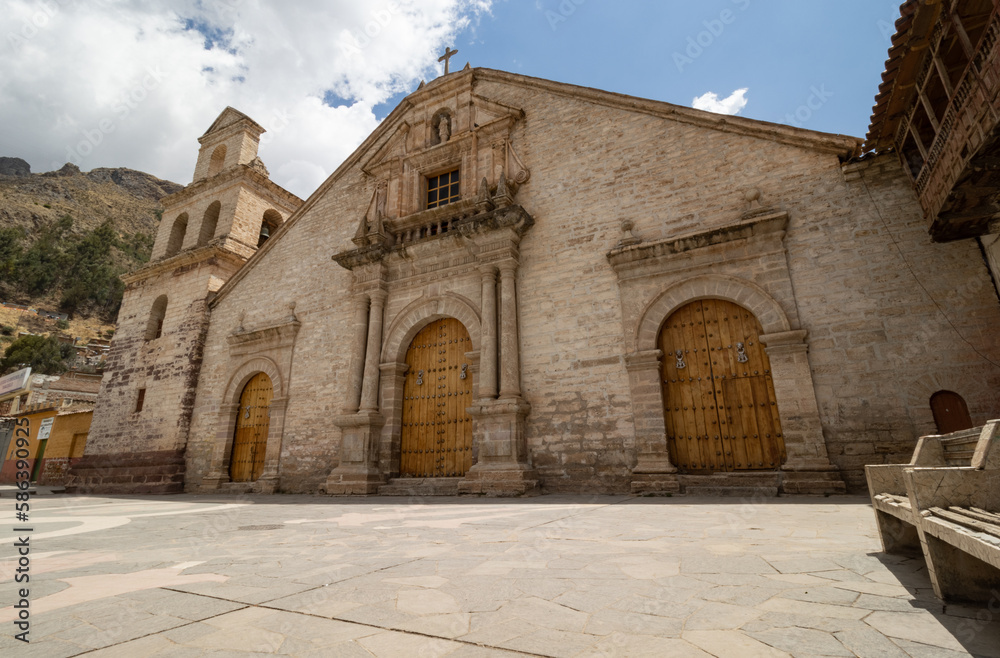 HUANCAVELICA, PERU - SEPTEMBER 28, 2021: San Sebastian Church located in the Bolognesi square of the city of Huancavelica - Peru.