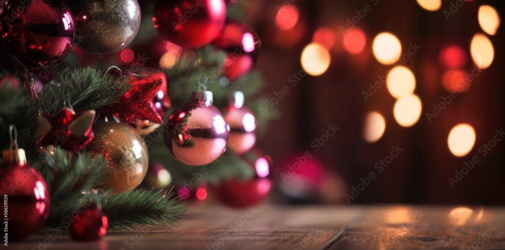 Soft Focus Christmas Decorations with Bokeh Lights and Tree