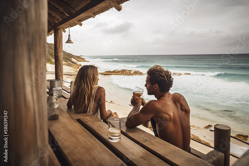 Couple with straw hats, drinking and chilling enjoying beautiful views over the ocean, paradisiac beach, sunday morning, Romantic Relaxation and vacation concept ai generative photo