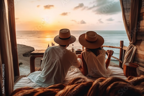 Coastal Serenity. Couple with straw hats chilling and enjoying beautiful views over the ocean on a paradisiac beach at sunset. Relaxation and vacation concept. AI Generative © Mr. Bolota
