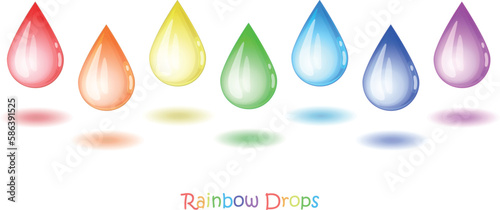 Rainbow water drops illustration isolated on white background. Seven multicolored separated drops icons set. Design collection of abstract rain droplets clip art