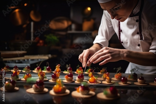 Tasty Delights. Professional cook prepares delicious and visually stunning small dishes on a plate. Fine dining and culinary art concept. AI Generative