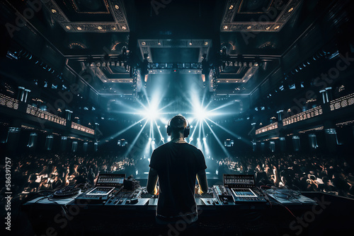 Electrifying Beats. DJ on stage with vibrant lighting and enthusiastic audience in an ultra-wide angle shot. Music and entertainment concept. AI Generative