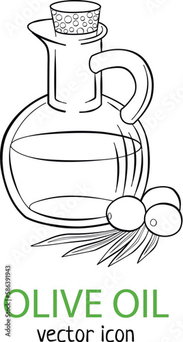 Olive oil vector icon isolated on white background. Line art style food design, linear art black and white illustration. Organic vegetable oil in the glass bottle with olives outline sketch