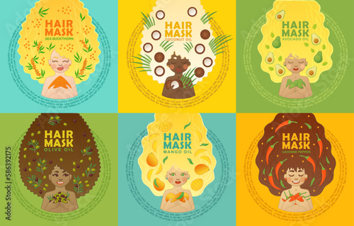 Hair mask packaging design. Cute cartoon illustration of pretty girls. Set of vector art for organic hair treatment cosmetics with avocado, coconut, olive oil, mango, chili pepper, sea buckthorn