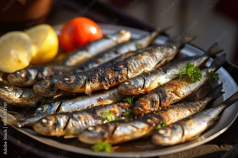 A Delicious Traditional Portuguese Dish: Grilled Sardines with Peppers, Bread and Olive Oil - Perfect for Popular Festivals and Saints Celebrations in Portugal AI Generative A Delicious Traditional Portuguese Dish: Grilled Sardines with Peppers, Bread and Olive Oil - Perfect for Popular Festivals and Saints Celebrations in Portugal AI Generative