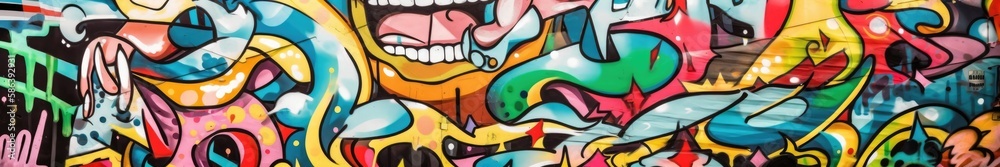 Vibrant colors come alive in this street art mural, expressing the artists creativity through a mix of text and graffiti. Full Frame, Generative AI Vibrant colors come alive in this street art mural, expressing the artists creativity through a mix of text and graffiti. Full Frame, Generative AI