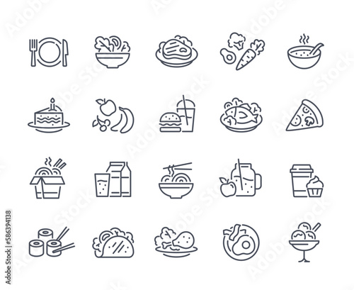 Food linear icons set. Fresh fruits and vegetables. Sushi and rolls, cake with candle. Chicken leg with salad, coffee with muffin. Cartoon flat vector illustrations isolated on white background